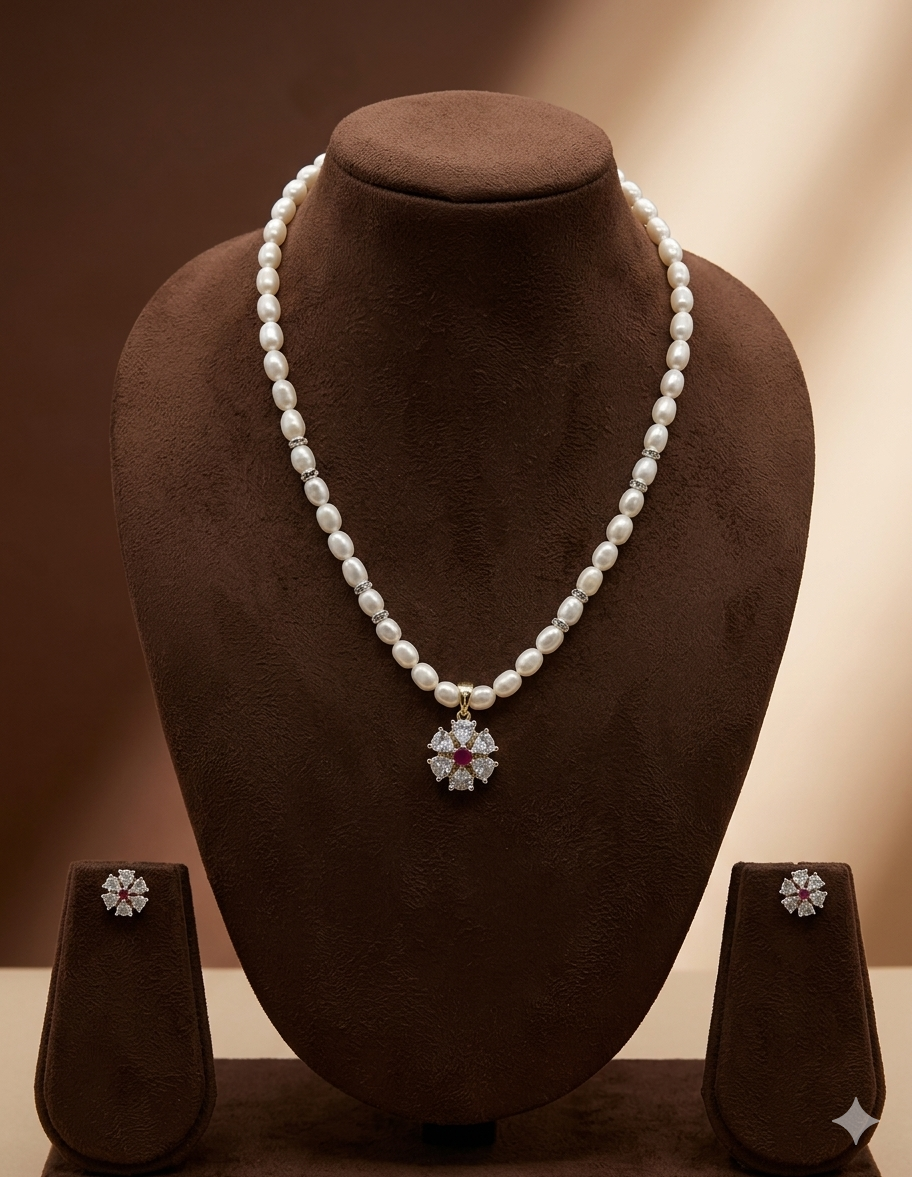 White Freshwater Pearl Pendant Set with Red Stone