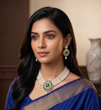 Green & White Tear-Drop Pendant Pearl Choker Set