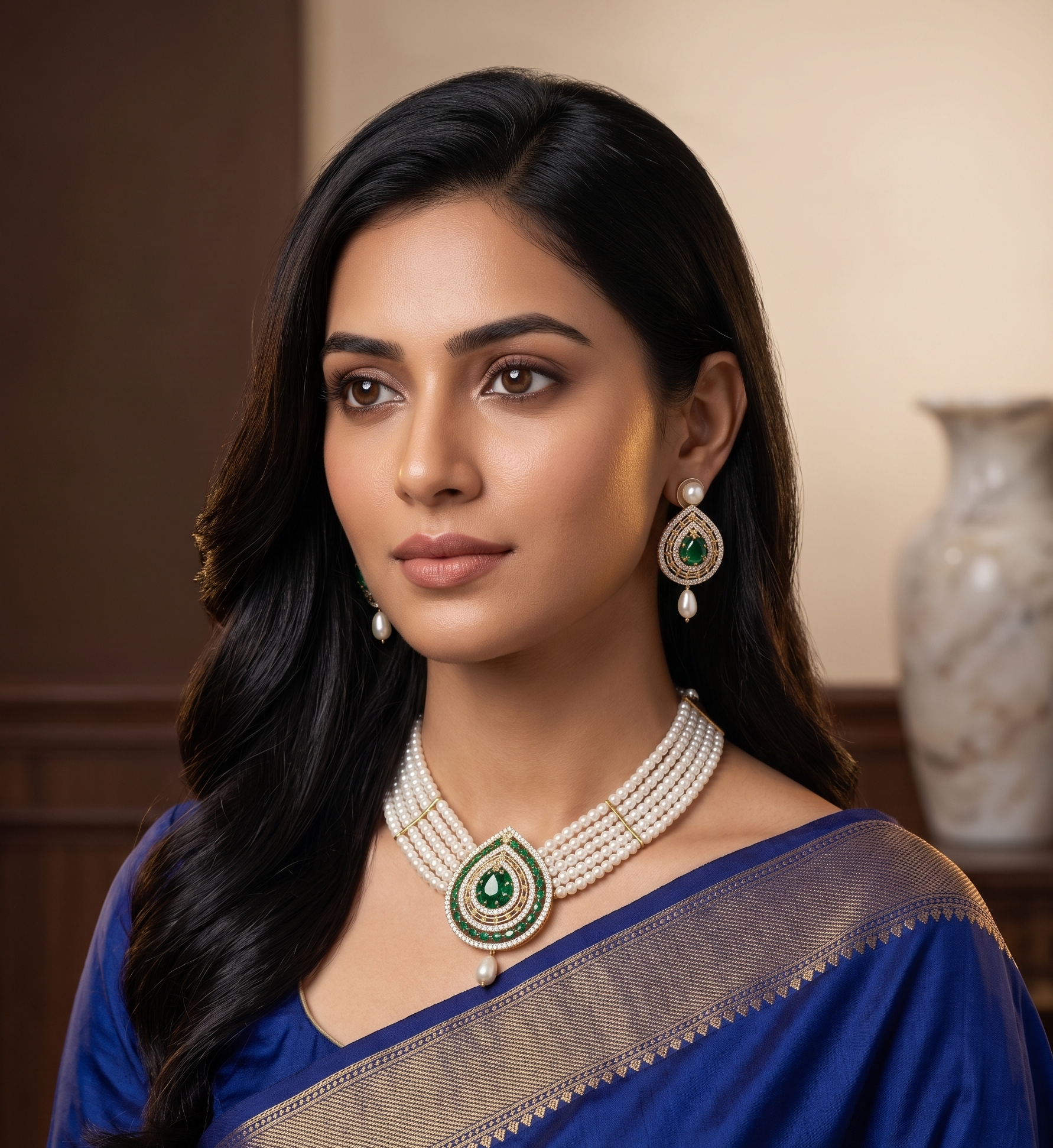 Green & White Tear-Drop Pendant Pearl Choker Set