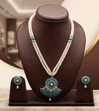 The Turquoise Arch: 2-Line Flat Pearl Necklace with Turquoise Stone Medallion Set