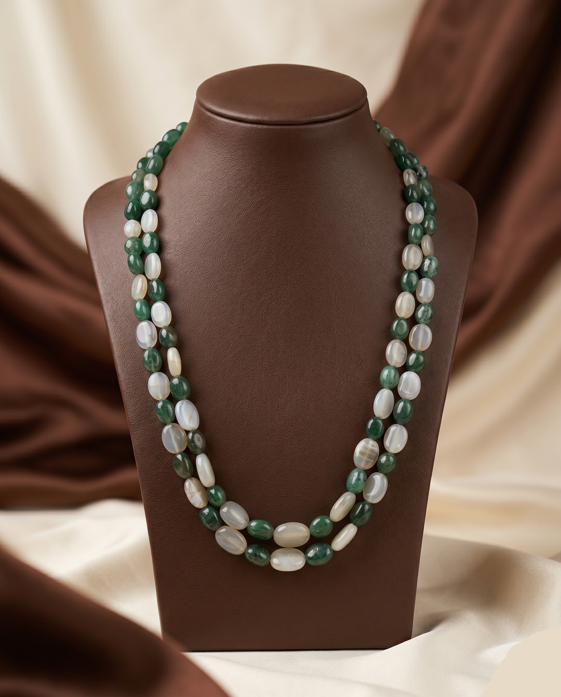 Dewdrop Duet � Two-Strand Green & Cream Stone Necklace