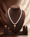 Ornate Filigree Rhombus White Button Pearl Pendant Set