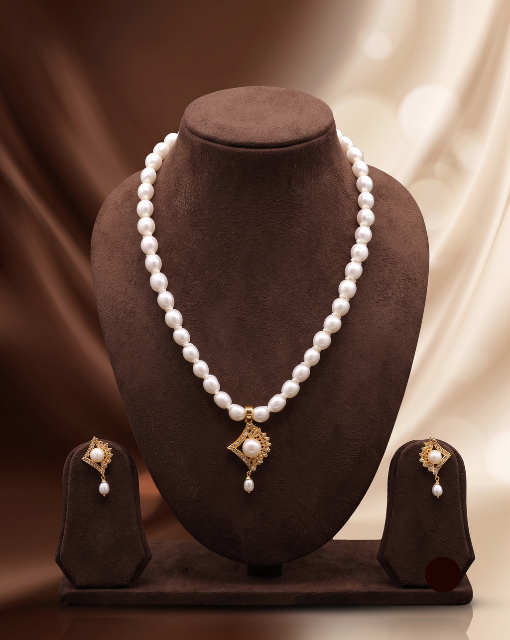 Ornate Filigree Rhombus White Button Pearl Pendant Set