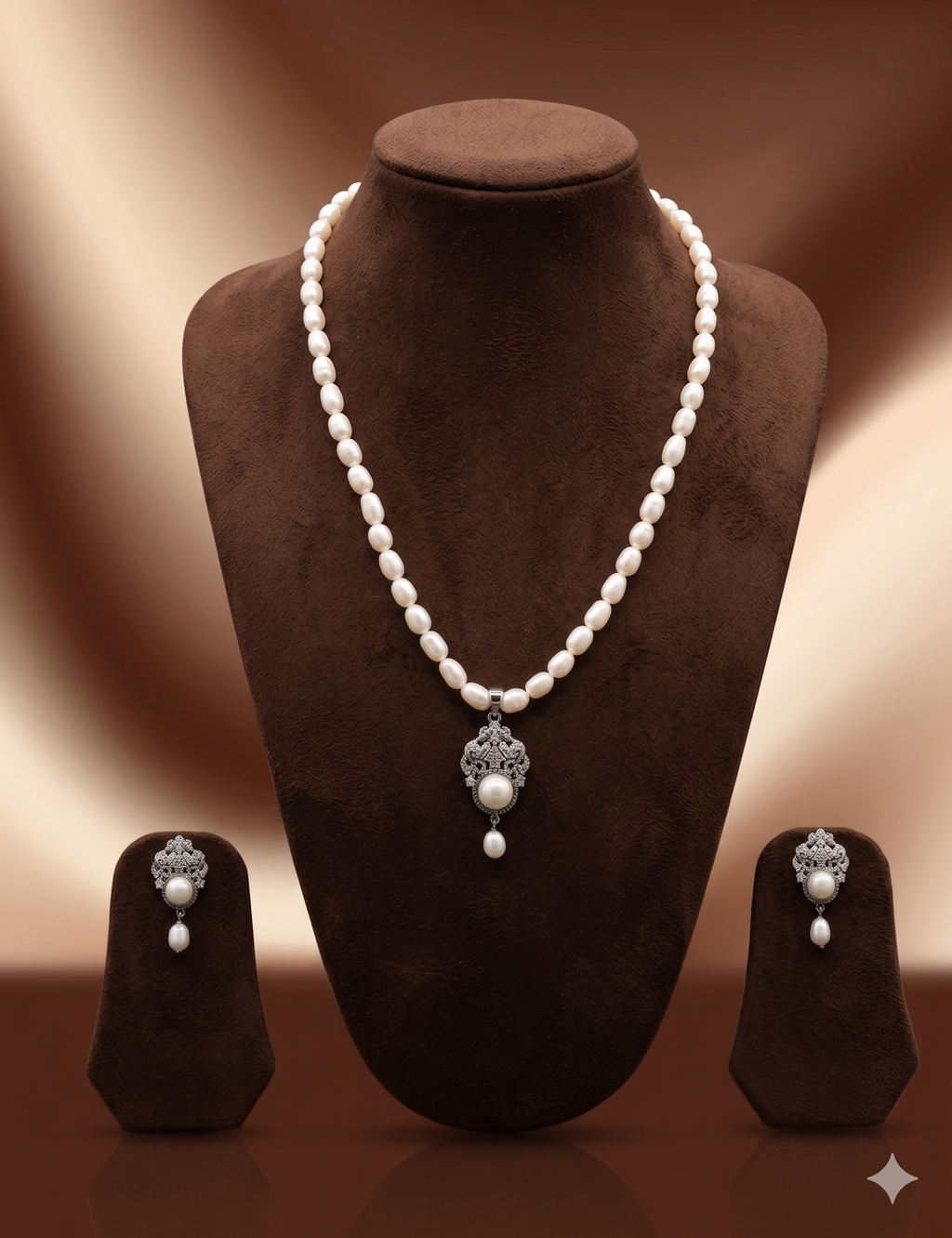 One Line Freshwater Pearl Pendant Necklace Set with Silver Floral Design