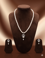 One Line Freshwater Pearl Pendant Necklace Set with Silver Floral Design