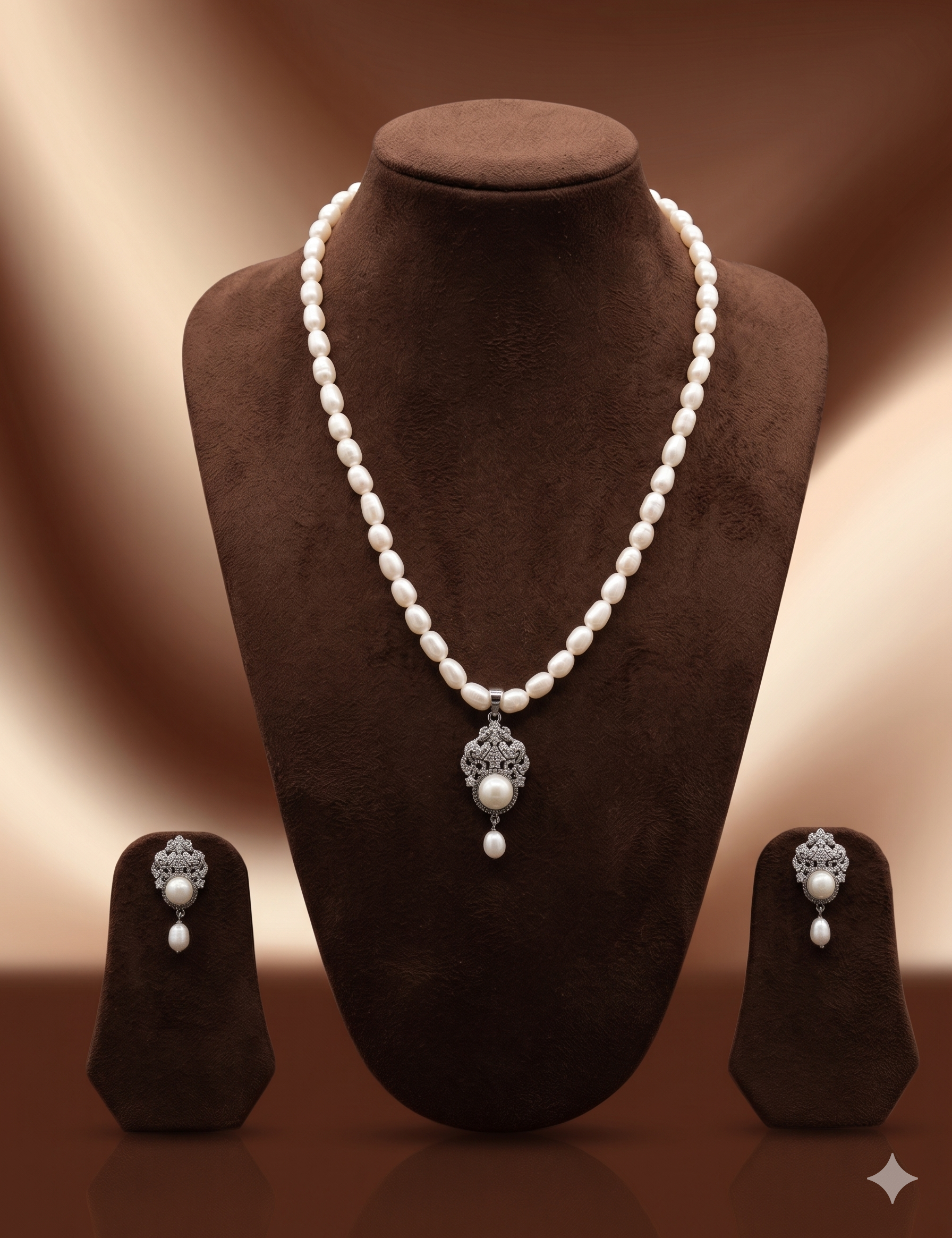 One Line Freshwater Pearl Pendant Necklace Set with Silver Floral Design