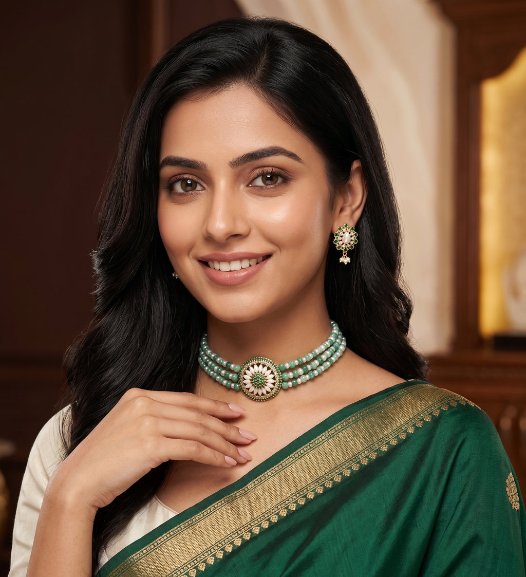 Royal Heritage 3-Line Green Beads & White Pearl Choker with Circular Floral Pendant