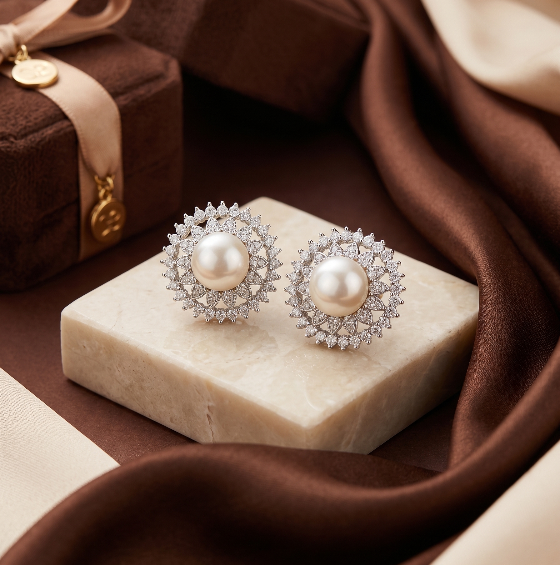 Luxury Round Pearl and Floral Crystal Halo Cufflinks