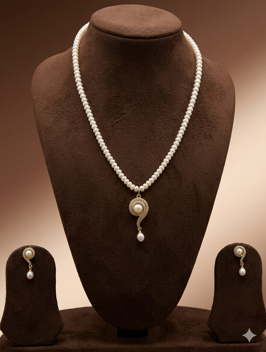 One Line Freshwater Pearl Pendant Necklace Set with Earrings