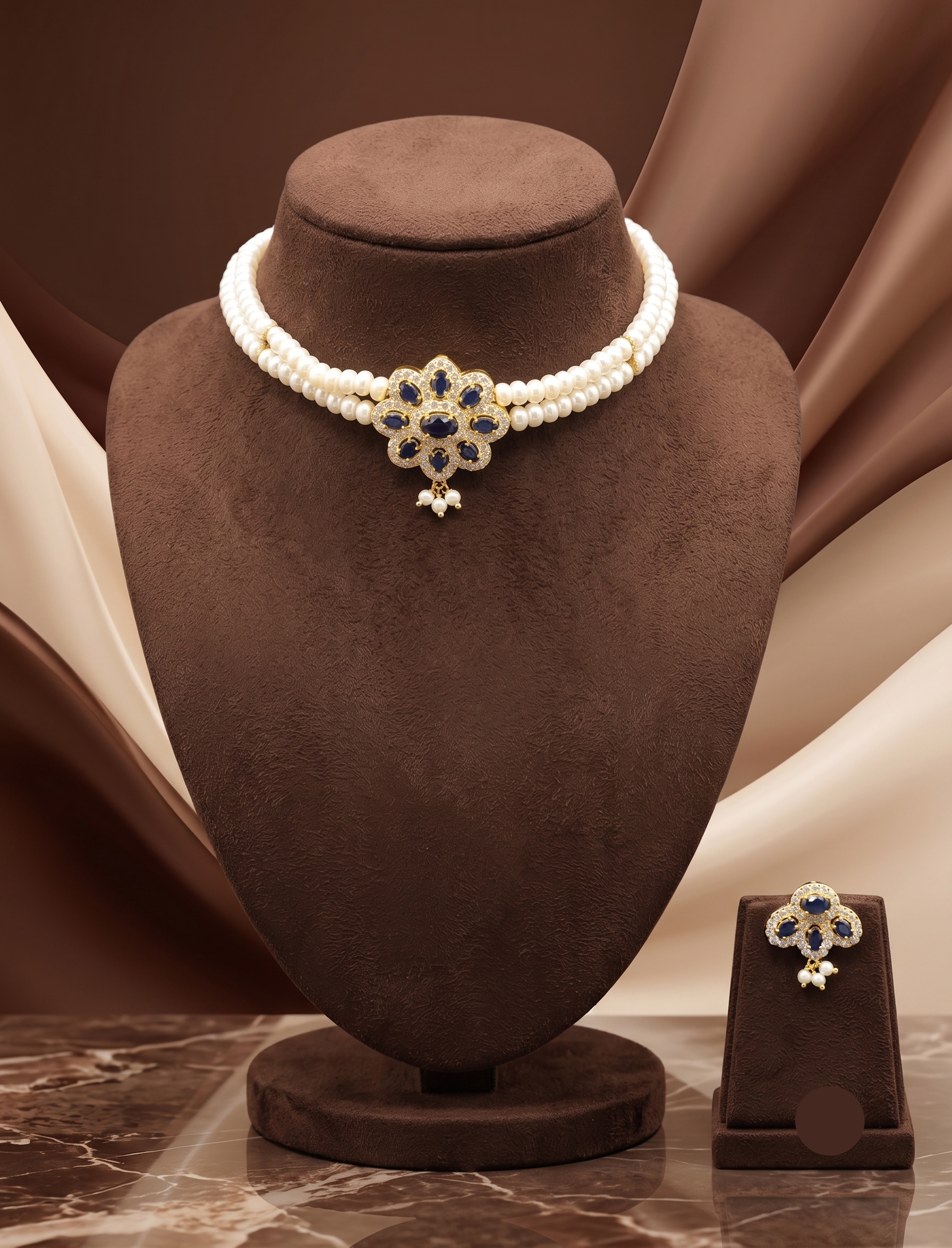 The Sapphire Blossom: 2-Line Flat Pearl & Blue Stone Choker Set