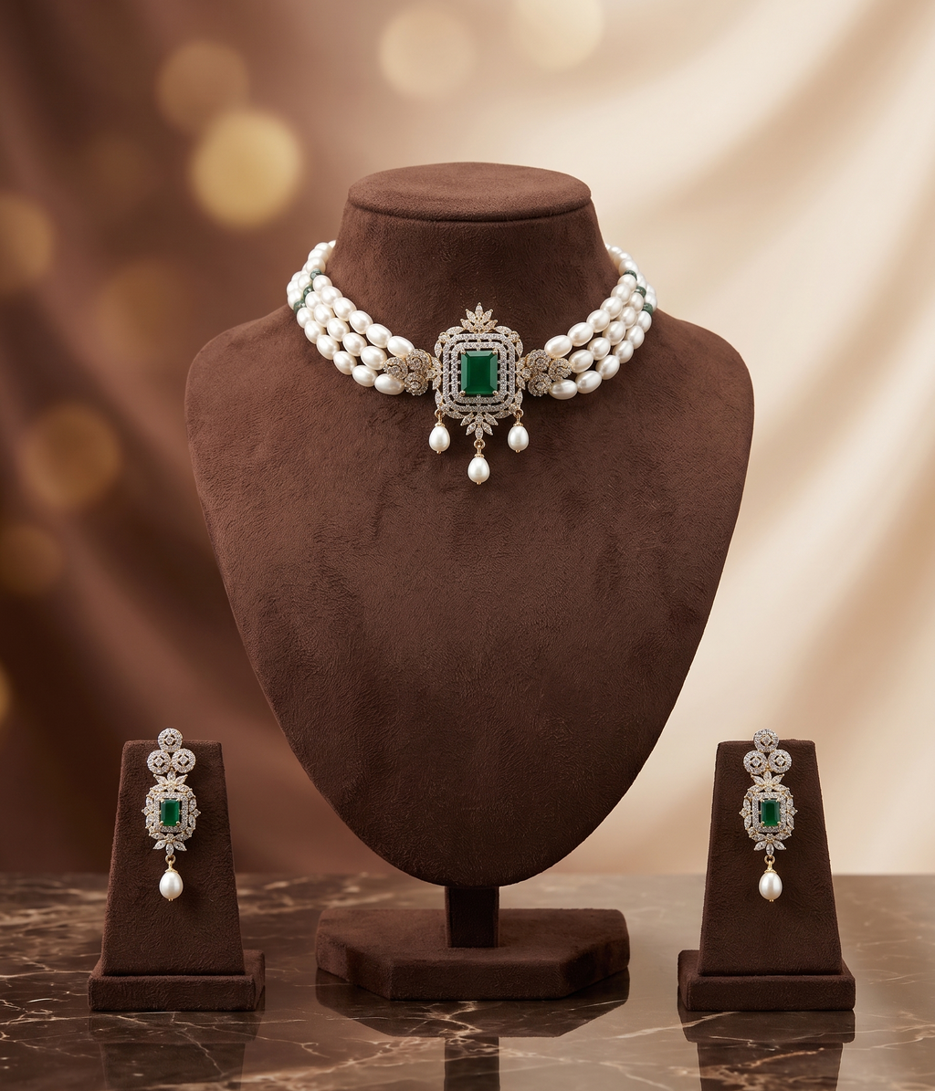 The Royal Green Halo: 3-Line Oval Pearl Bridal Choker Set