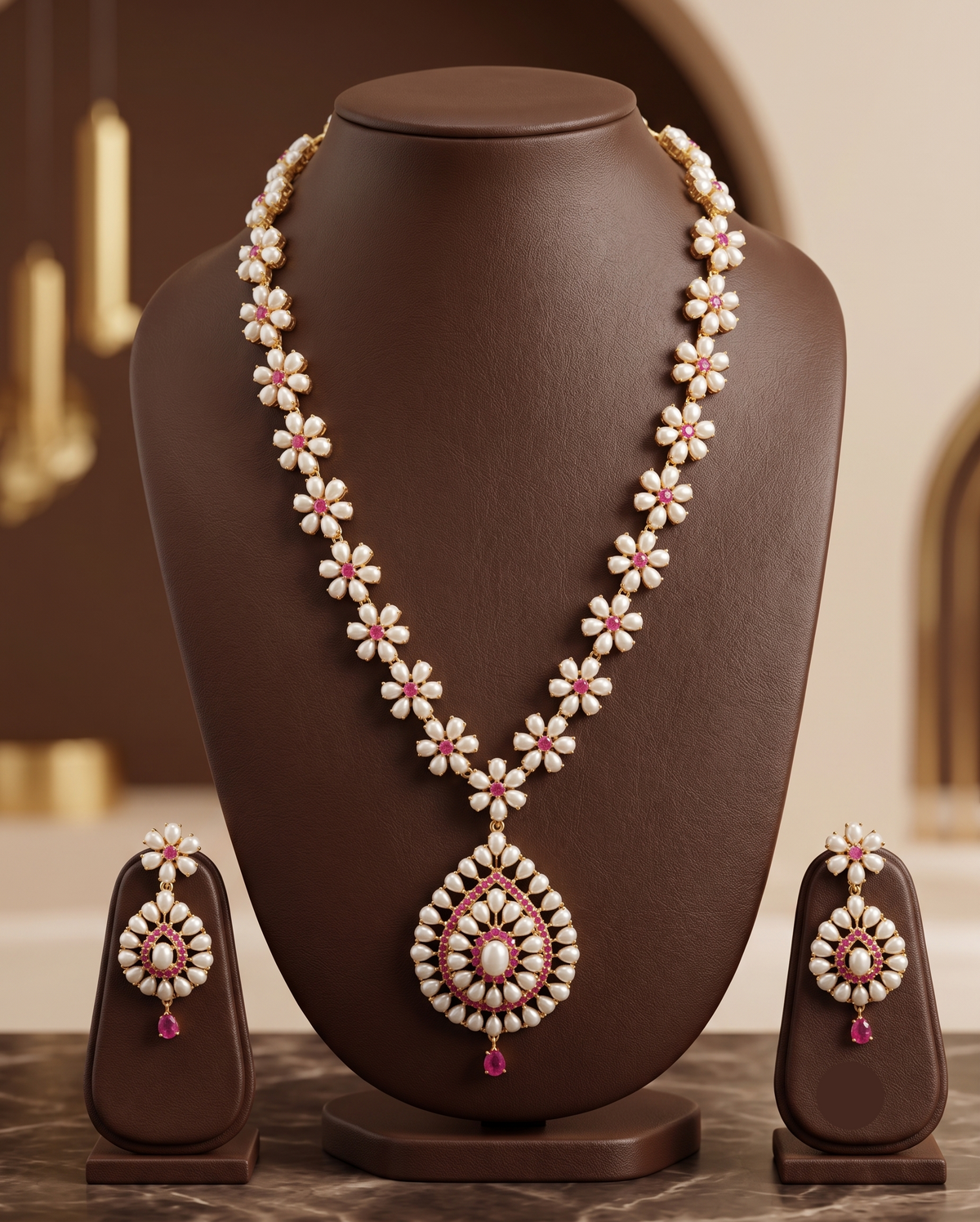 The Ruby Flora Garland: Long Rice Pearl Haar with Teardrop Medallion Set