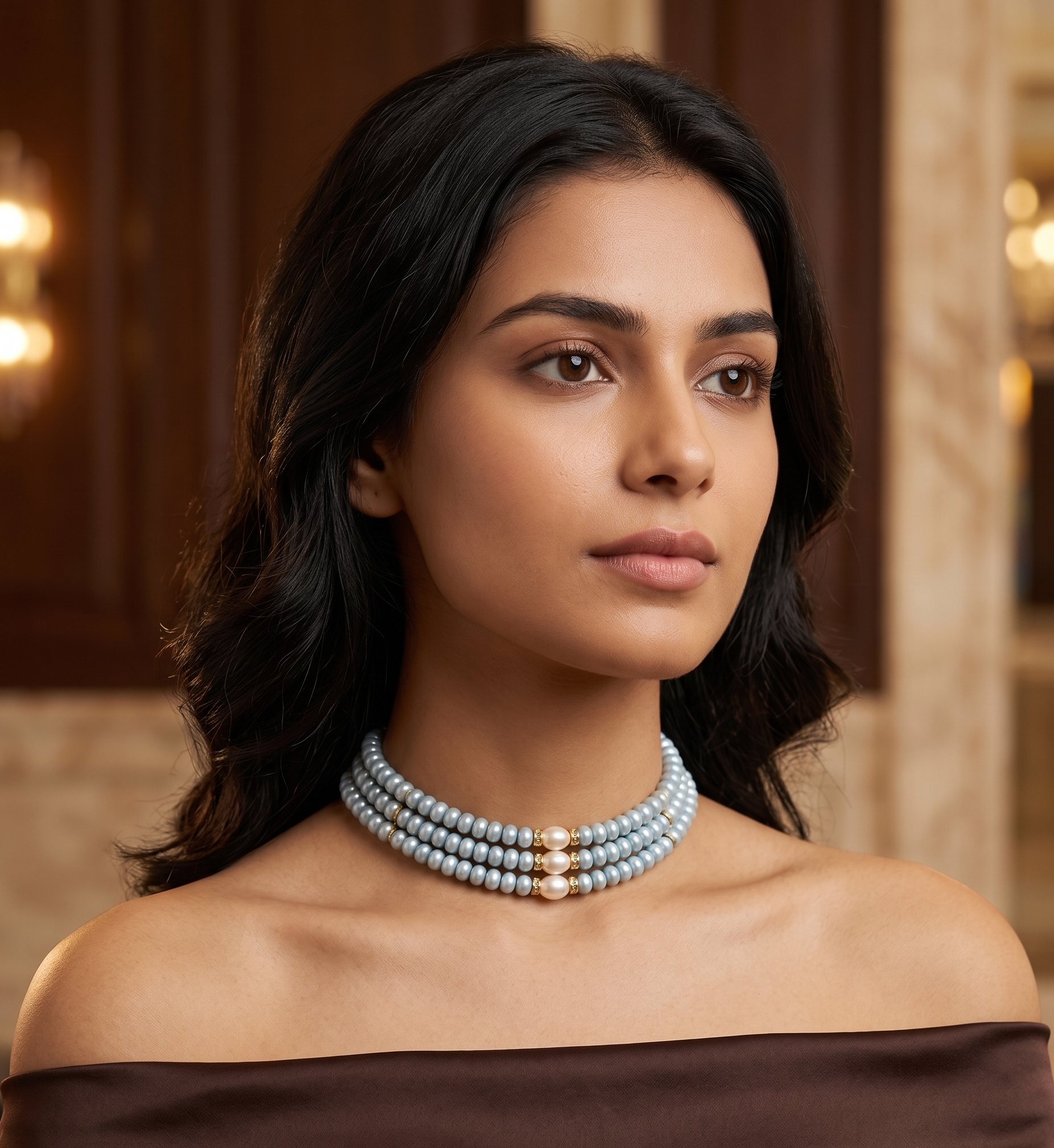 Sky Elegance Freshwater Pearl 3 Line Choker