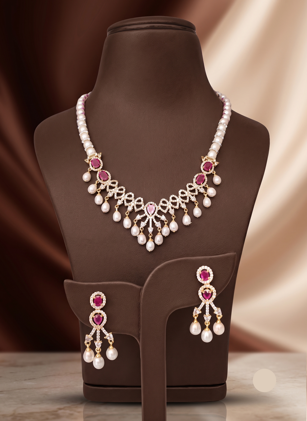 Imperial Ruby Cascade: Freshwater Button Pearl Bridal Necklace Set