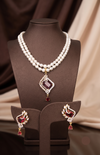The Ruby Rhombus: 2-Line Oval Pearl & Garnet-Red Stone Necklace Set