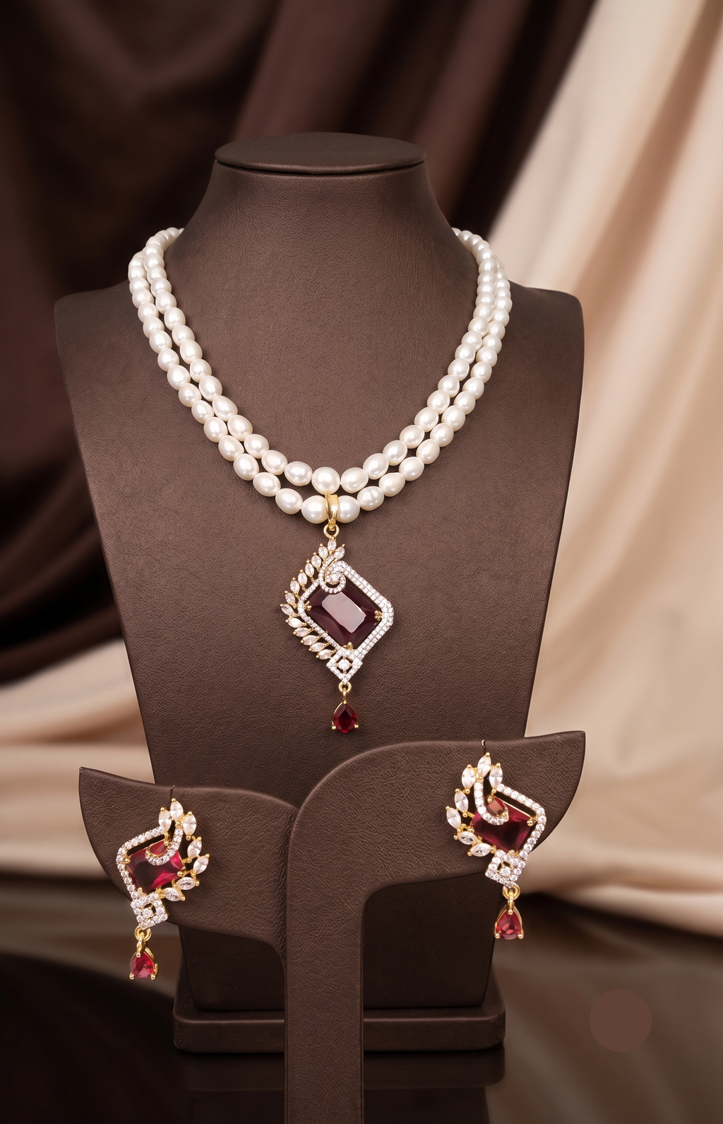 The Ruby Rhombus: 2-Line Oval Pearl & Garnet-Red Stone Necklace Set