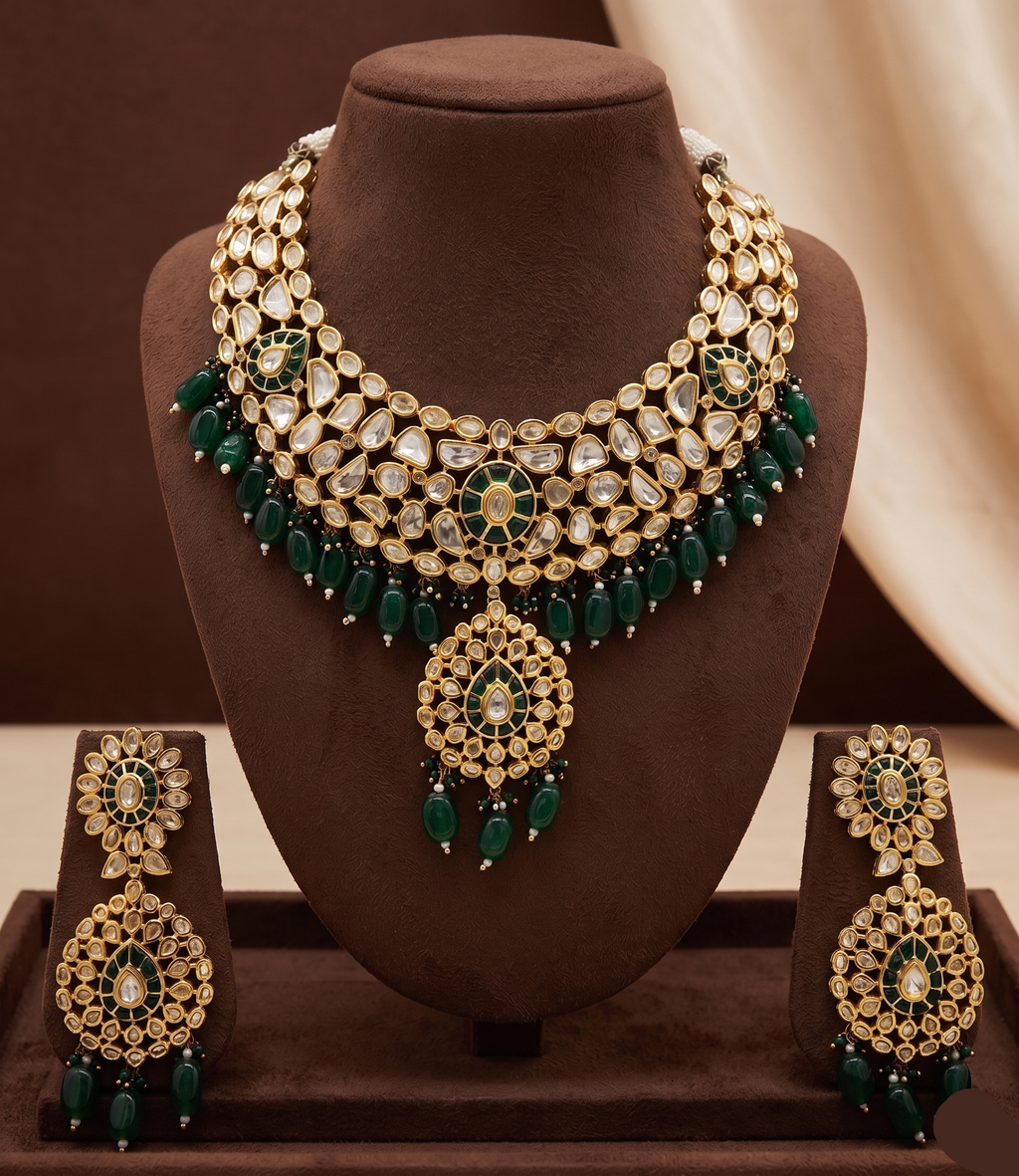 Bridal Polki Jewellery Set with Green Beads