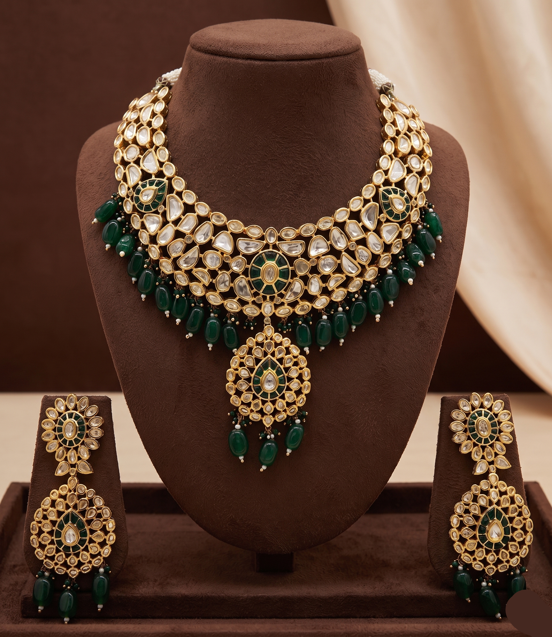 Bridal Polki Jewellery Set with Green Beads