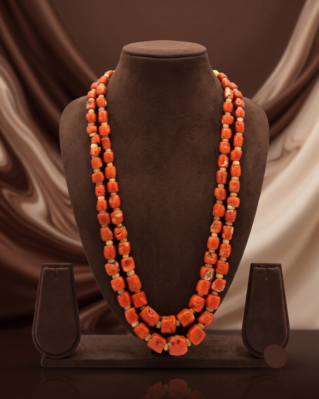 Flame Cascade Triple-Strand Coral Orange Bead Necklace