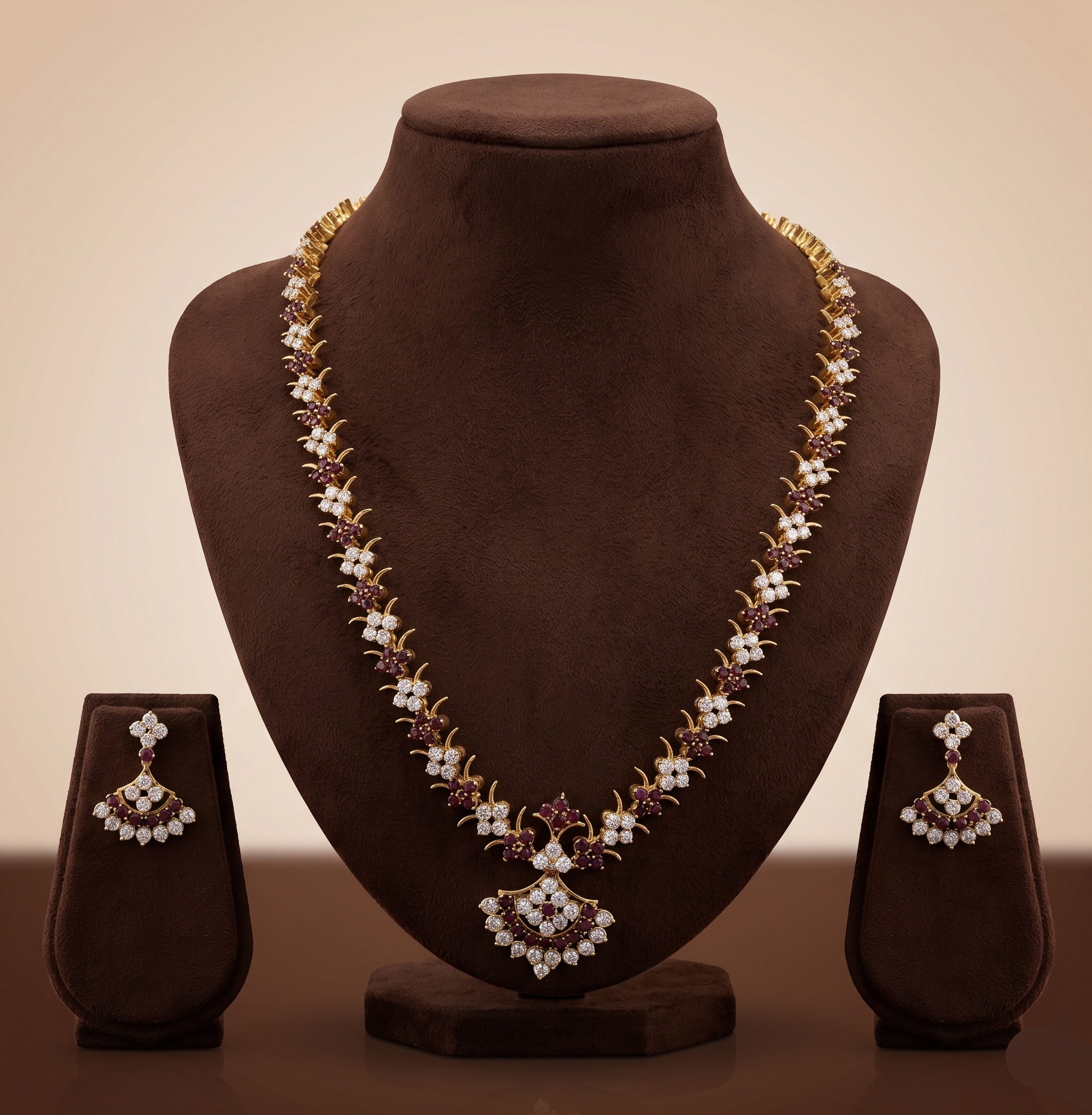 White Brown CZ Long Necklace Set