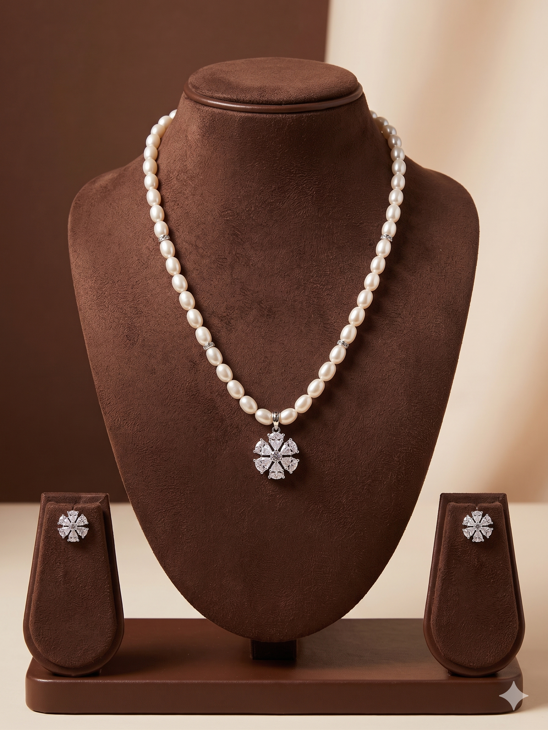 White Freshwater Pearl Pendant Set with Crystal Stones