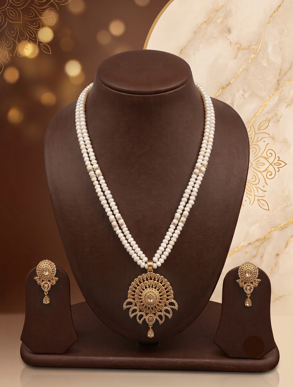 Majestic Golden Radiance: 2-Row Flat Pearl Necklace with Matching Drop Earrings