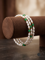 Oval White Pearl 3-Layer Coil Wrap Bracelet with Green Beads and Gold-Tone Accents