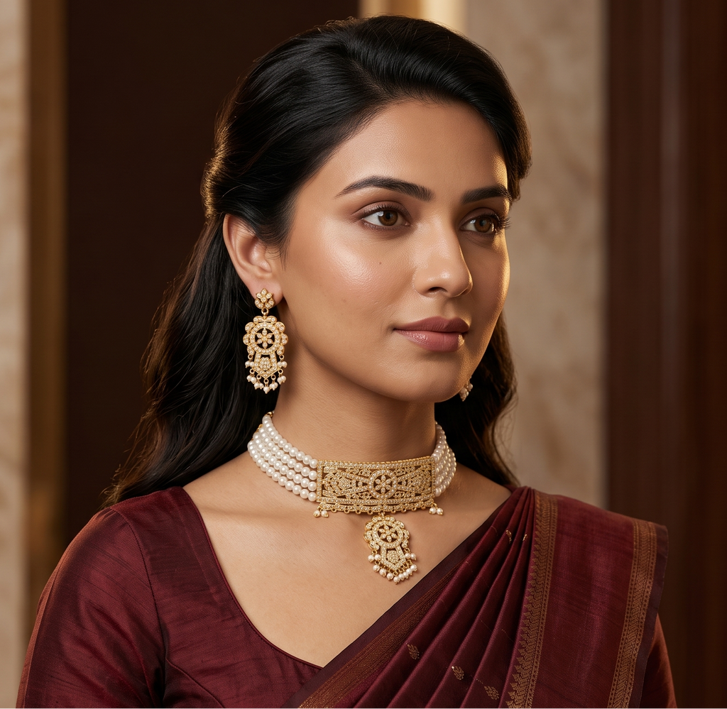 Ornate Gold-Toned Pearl Choker Set