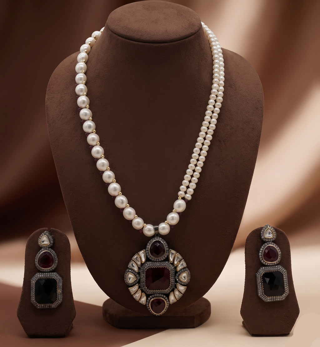 Royal Maroon Temple Pearl Pendent Set