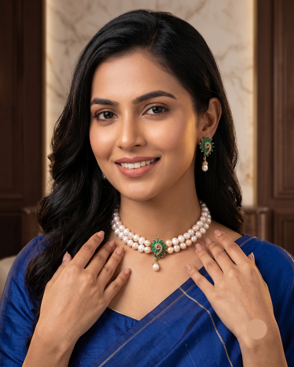 The Emerald Lotus: 2-Line Irregular Pearl & Green Stone Choker Set