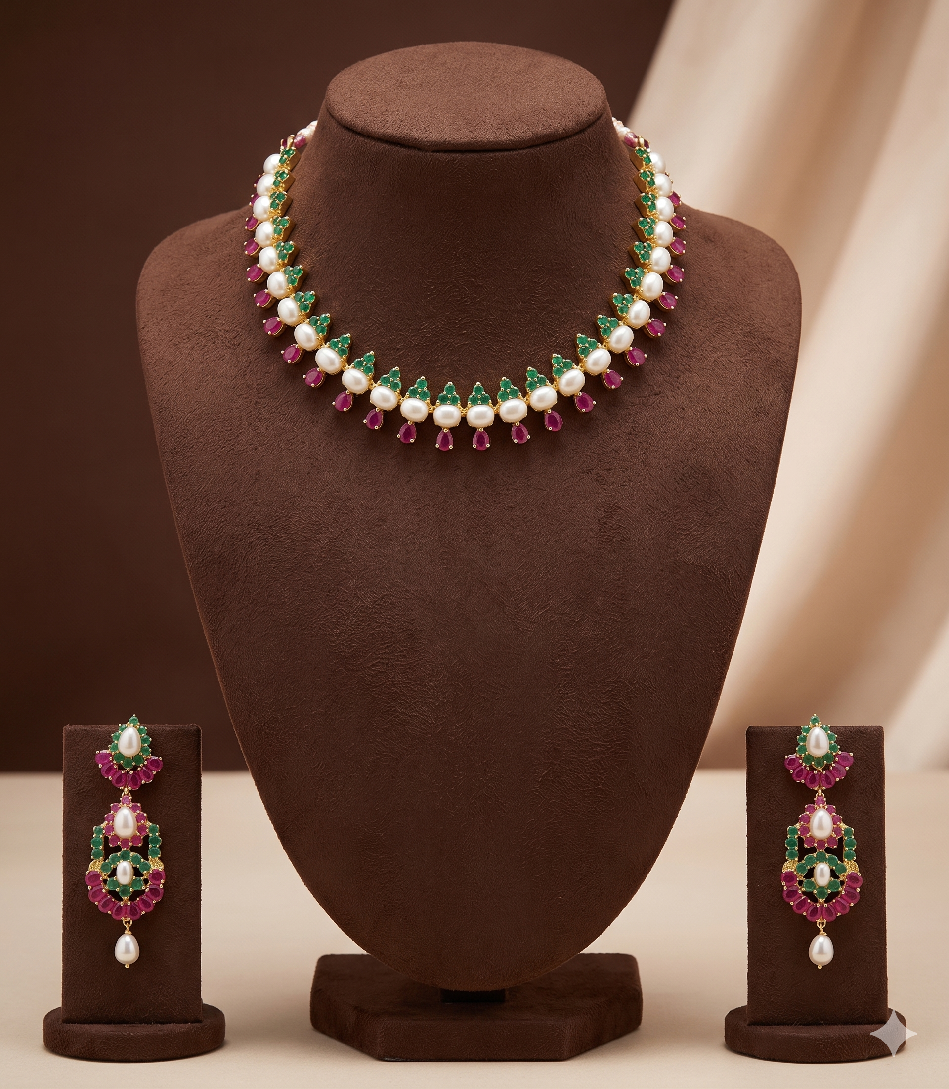 Fresh water pearl Necklace with pink and green stones