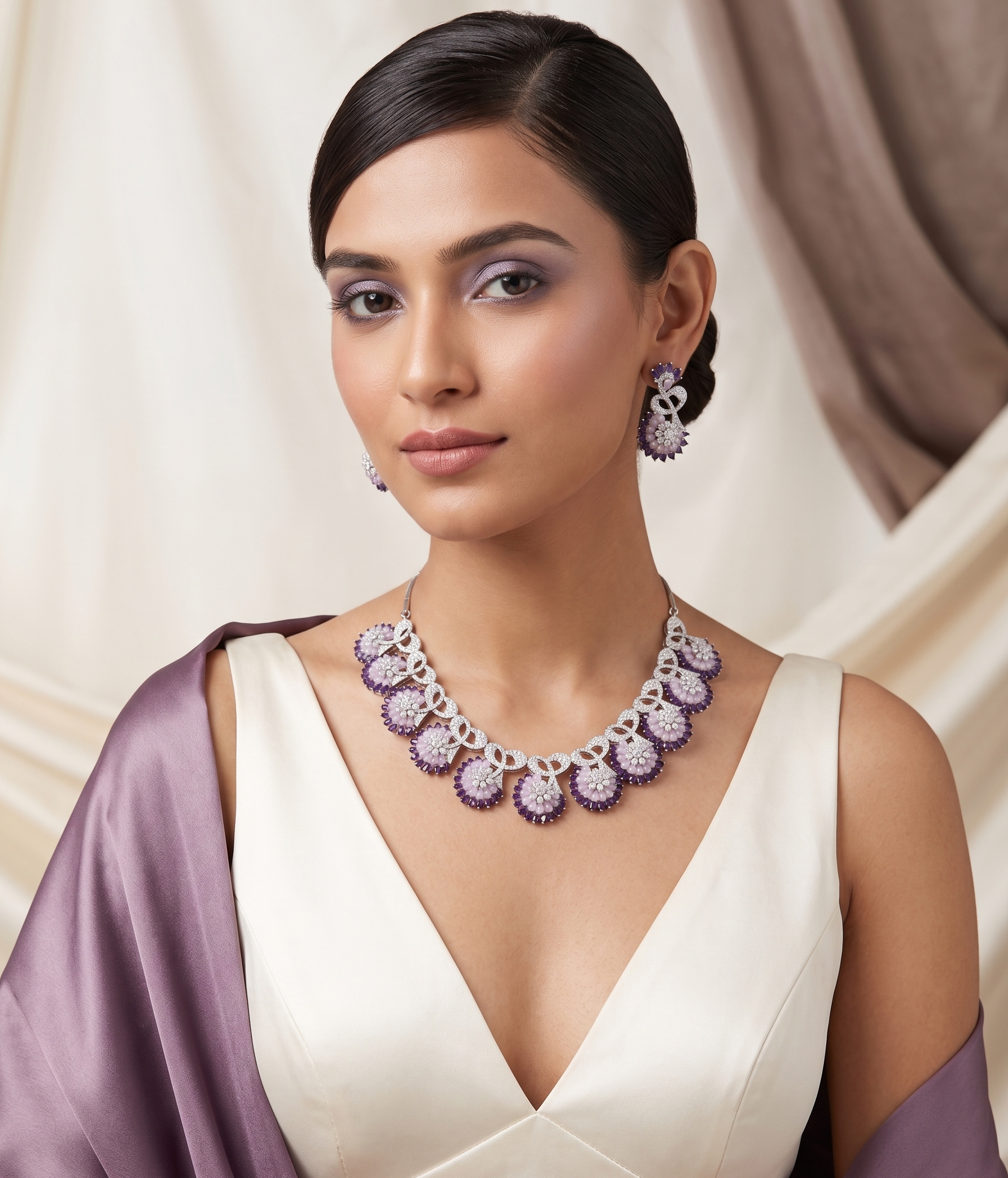 American Diamond Floral Necklace Set – Purple & White Designer Jewellery