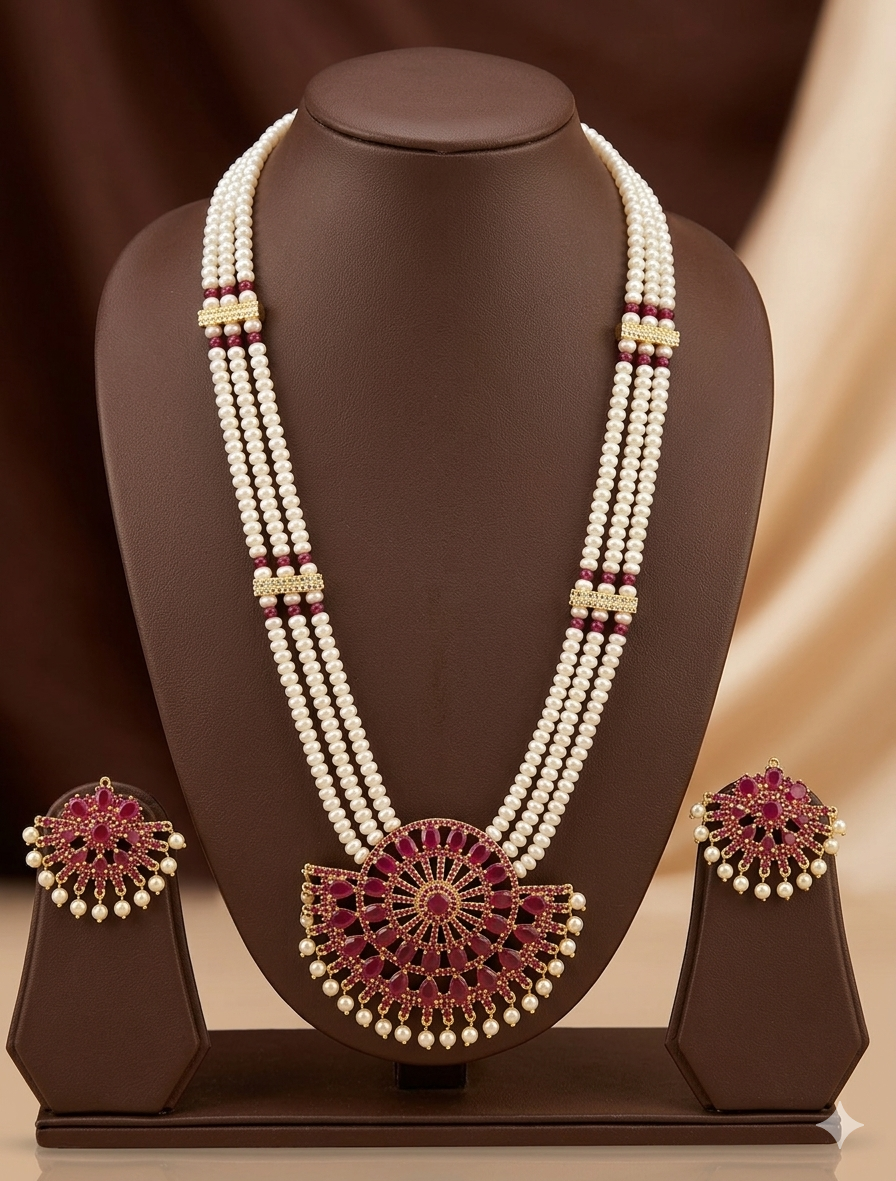 Royal Red Stone Freshwater Pearl Rani Haar Necklace Set – Regal Wedding Elegance