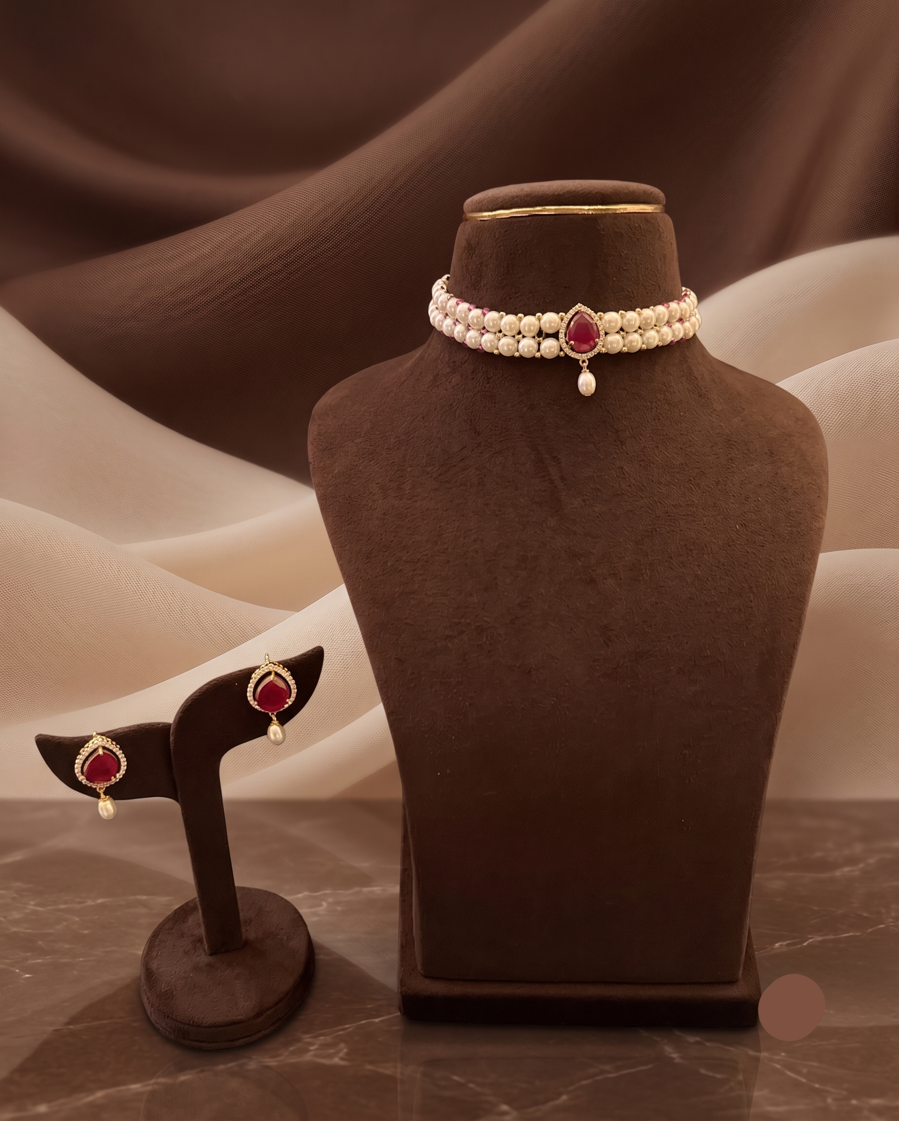 Freshwater Pearl & Ruby Red Stone Choker Set