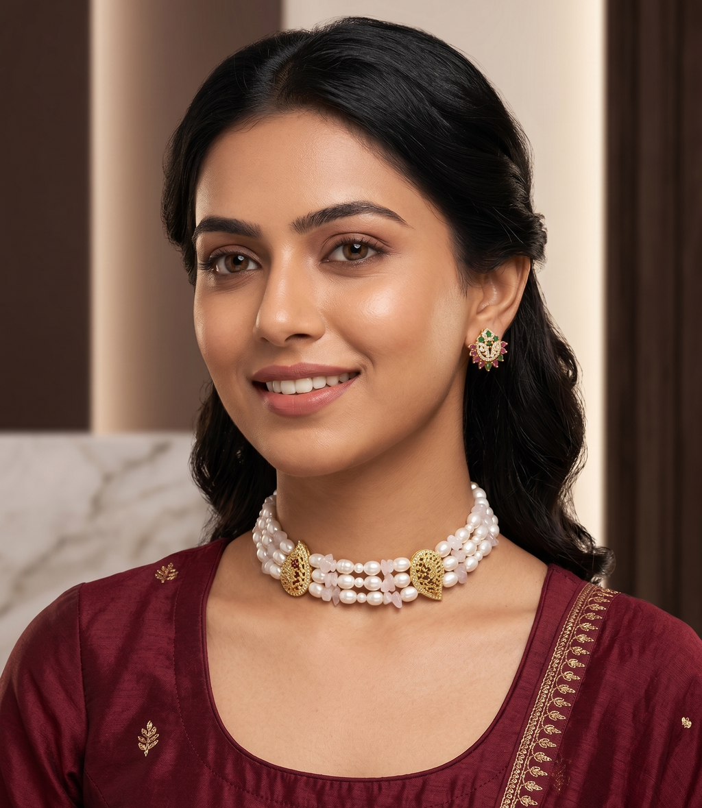 Royal Heritage 3-Line Pearl & Pink Gem Choker
