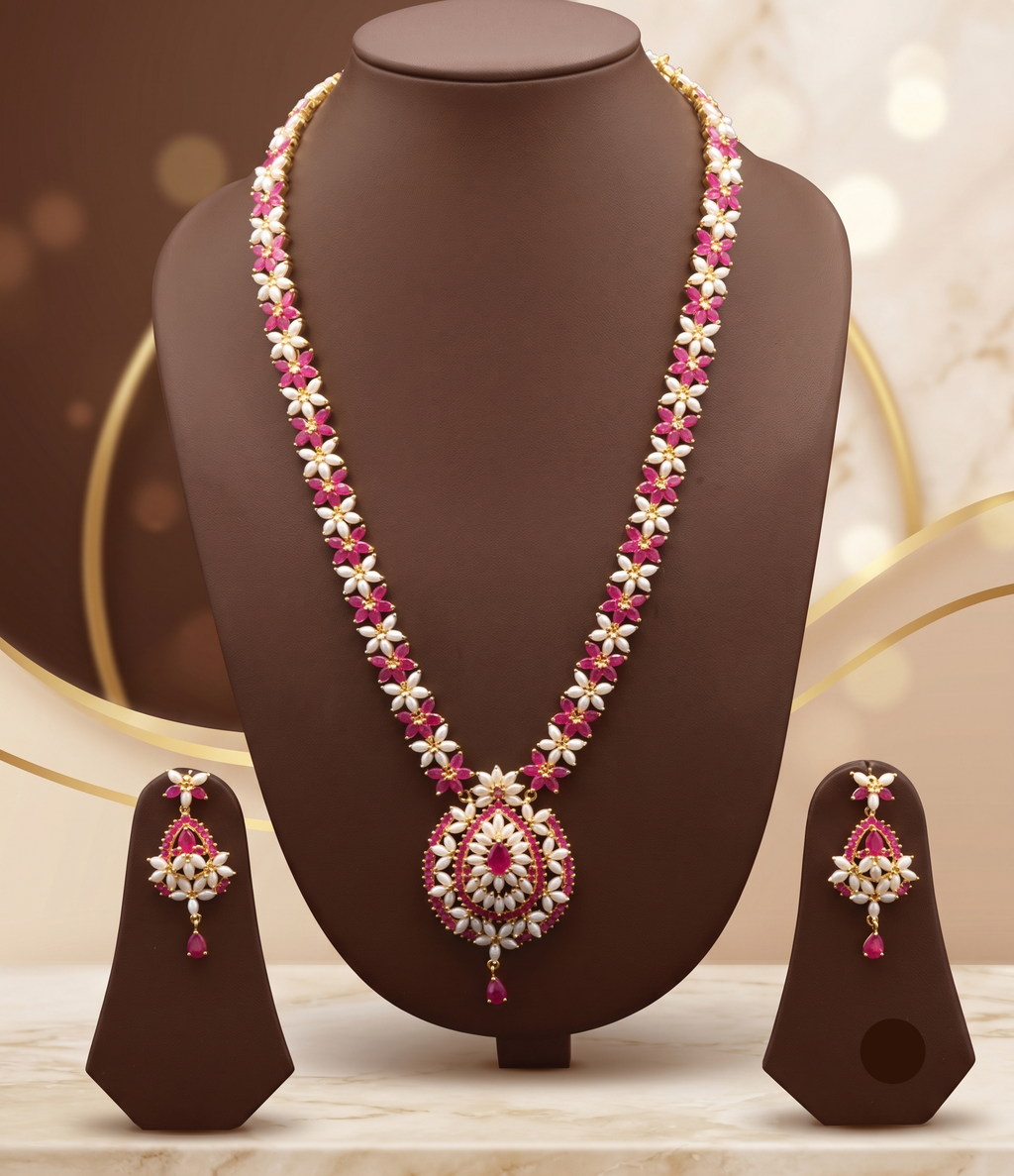Majestic Flora Cascade: Long Pearl Garland Haar with Matching Ruby Earrings