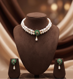 The Emerald Lotus: 2-Line Irregular Pearl & Green Stone Choker Set