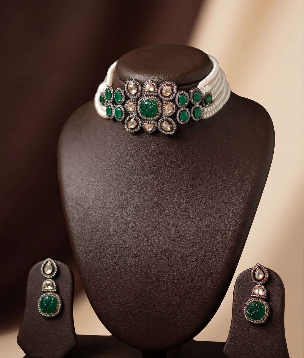 Polki & Emerald Multi-Strand Pearl Choker Set