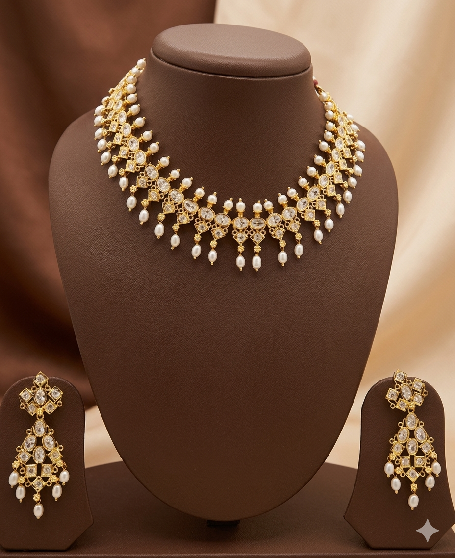 Handcrafted Natural pearl Necklace with white Stones
