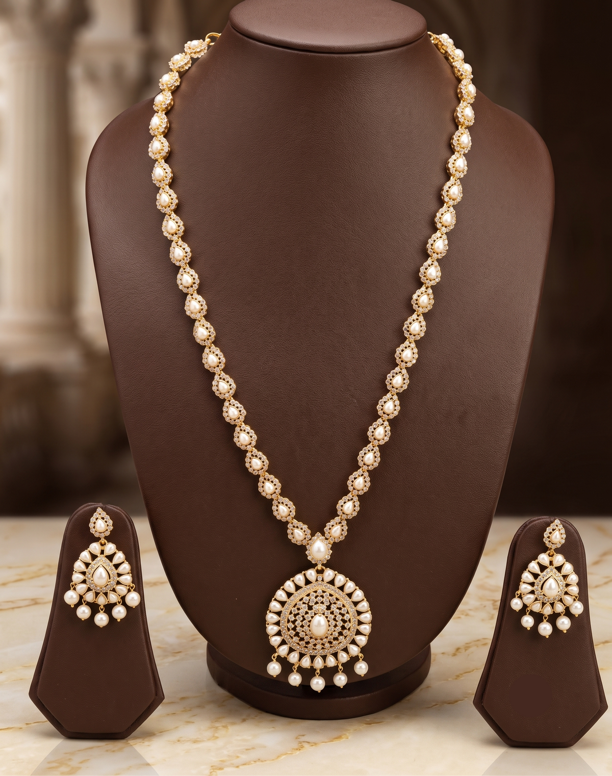Royal Heritage White Pearl Long Necklace with Intricate White Stone Pendant Set