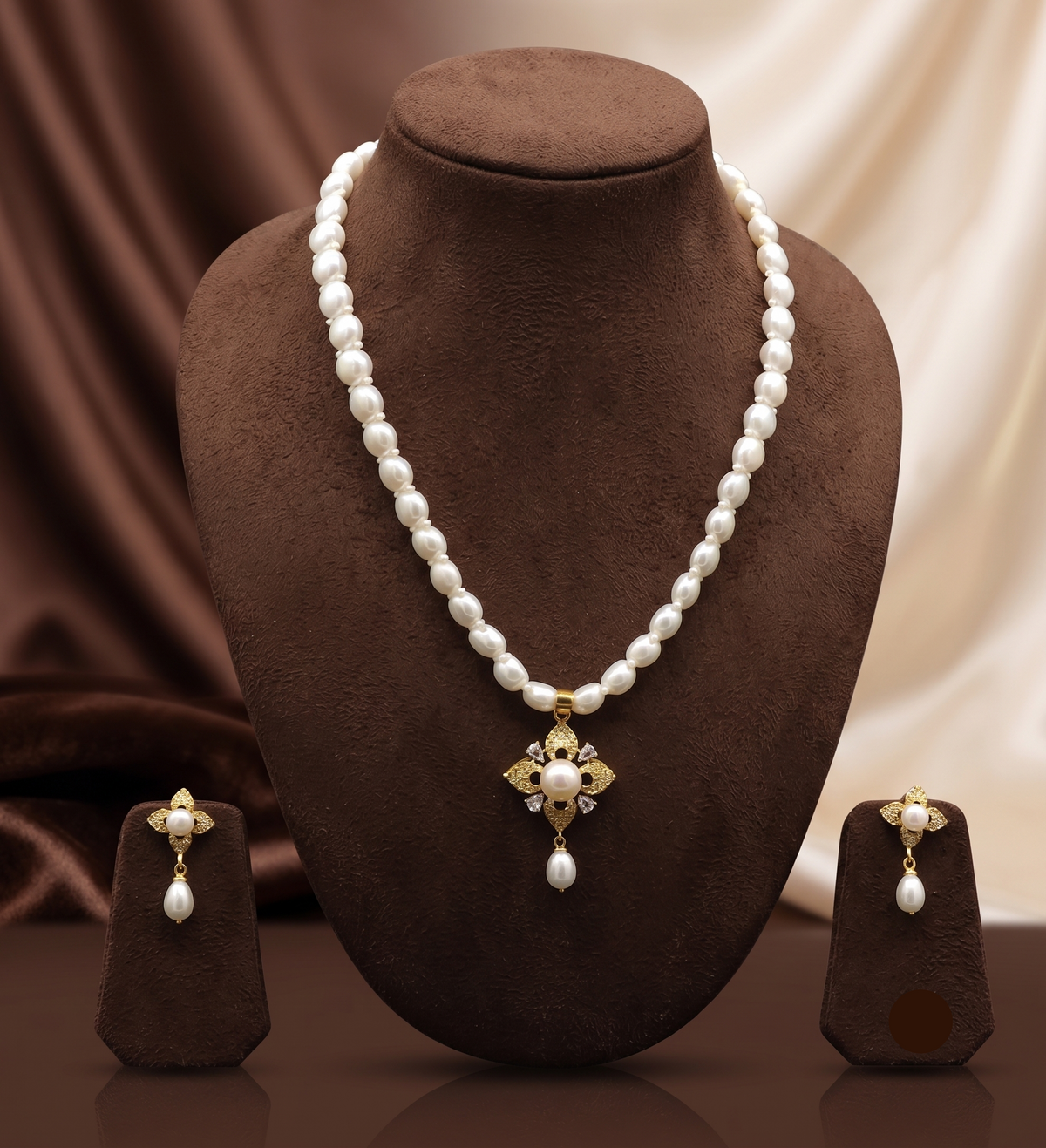Handcrafted Button Pearl Strand with CZ Floral Pendant