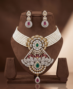 Colorful CZ Multi-Strand Pearl Choker Set