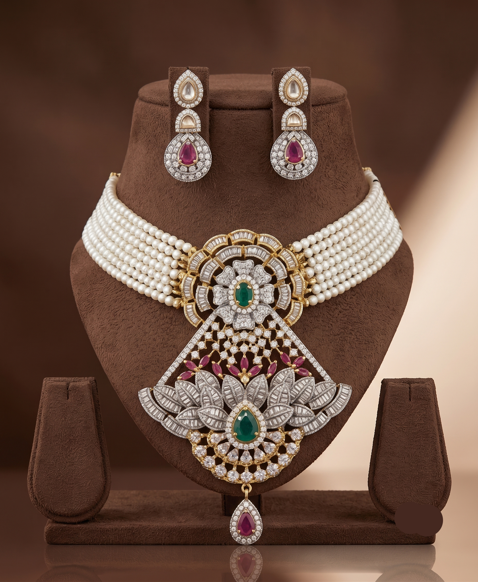 Colorful CZ Multi-Strand Pearl Choker Set