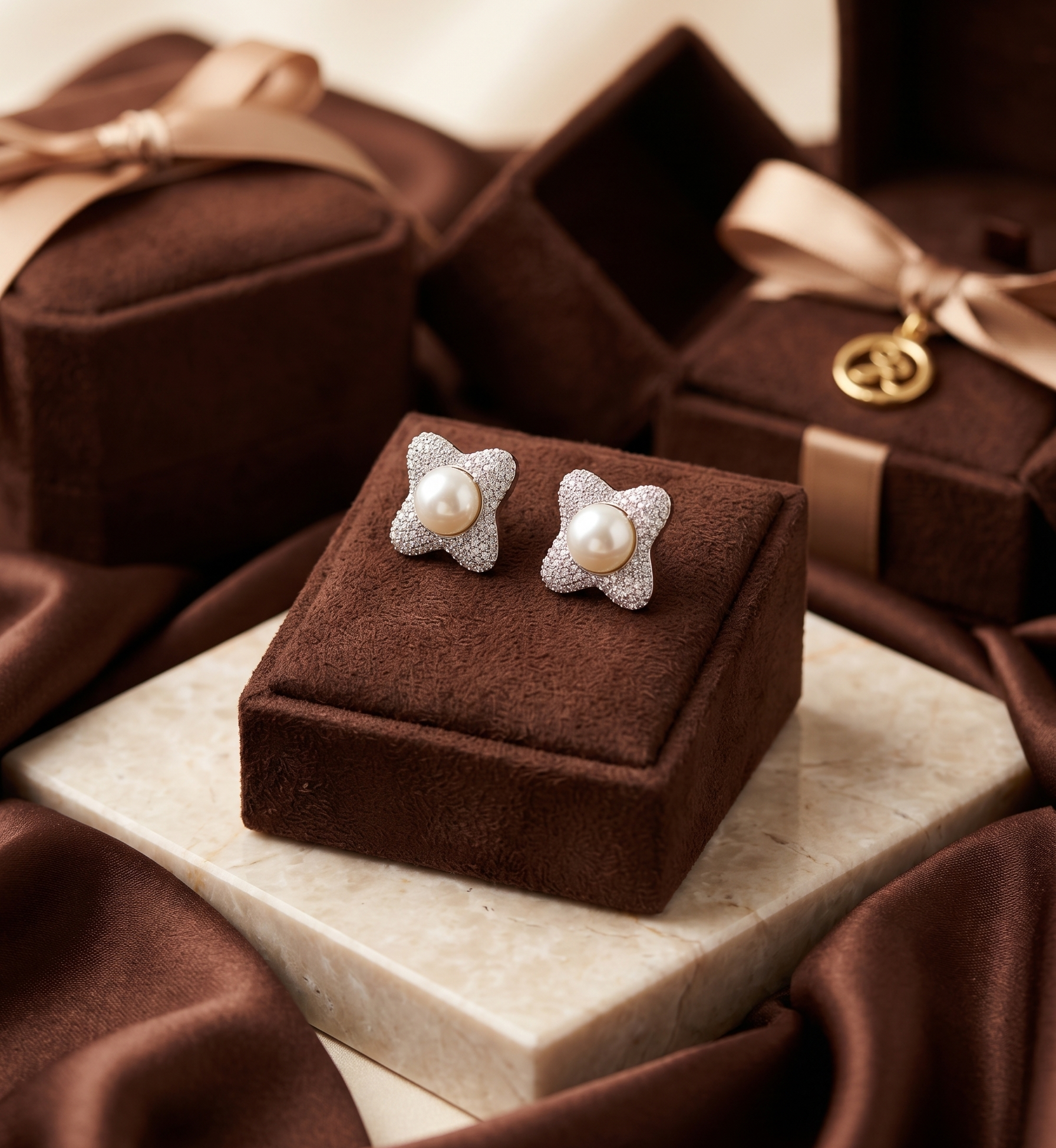 Luxury Four-Pointed Star Pearl and Crystal Pavé Cufflinks