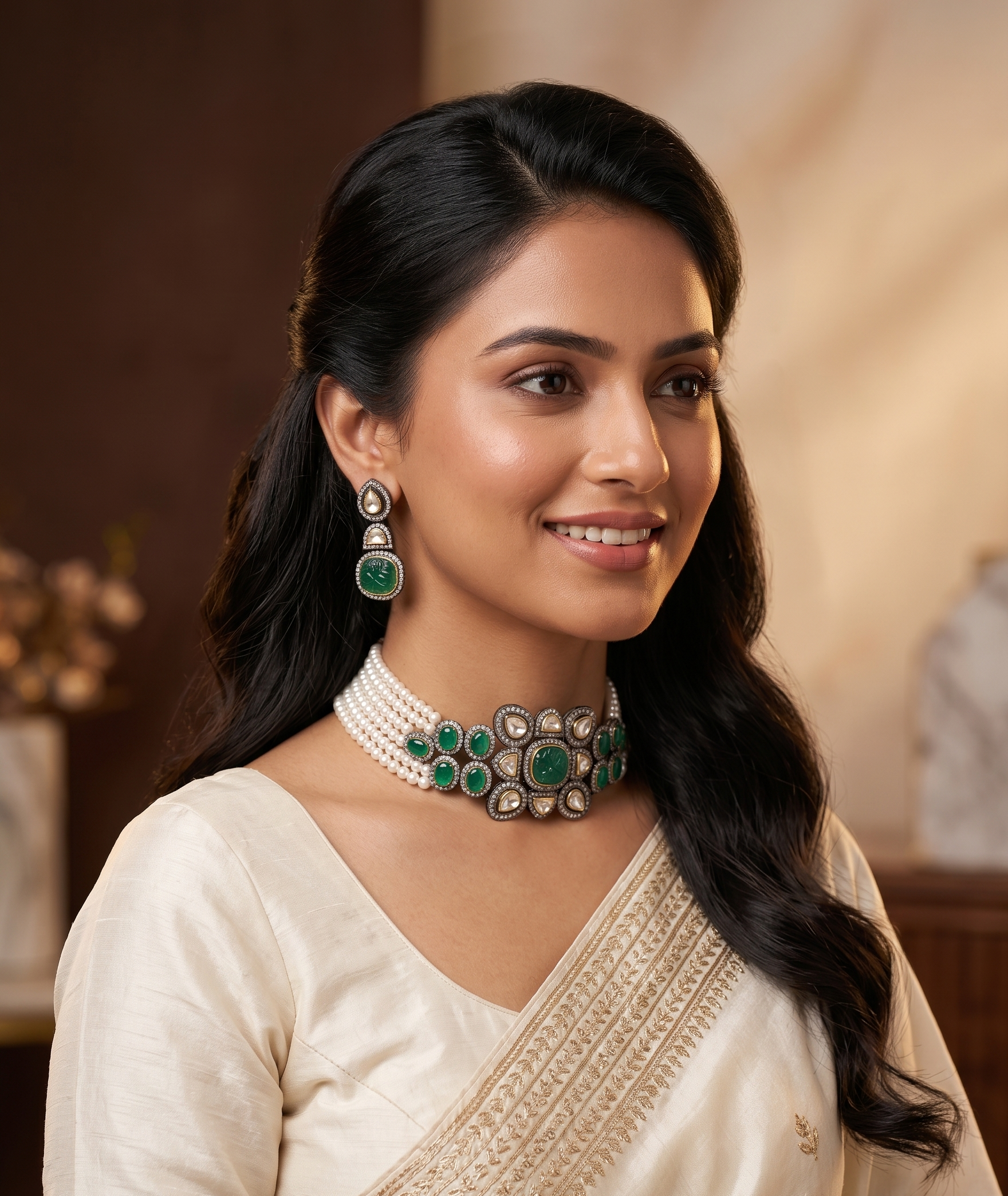 Polki & Emerald Multi-Strand Pearl Choker Set