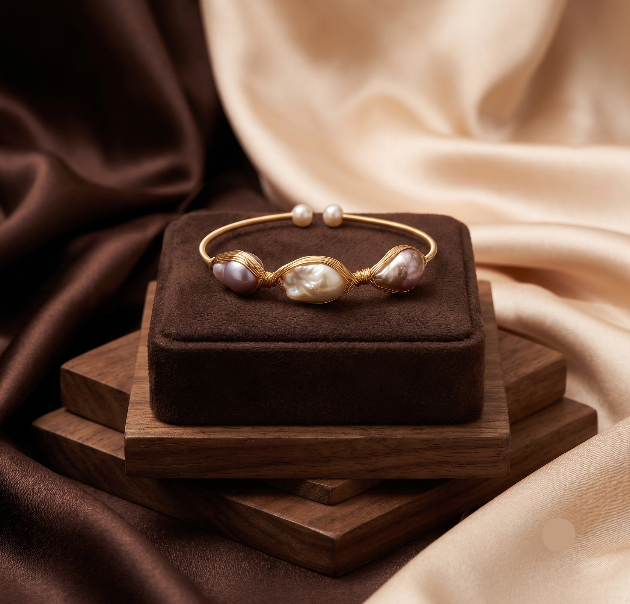 Trio Baroque Pearl Wire-Wrapped Gold tone Open Cuff Bracelet