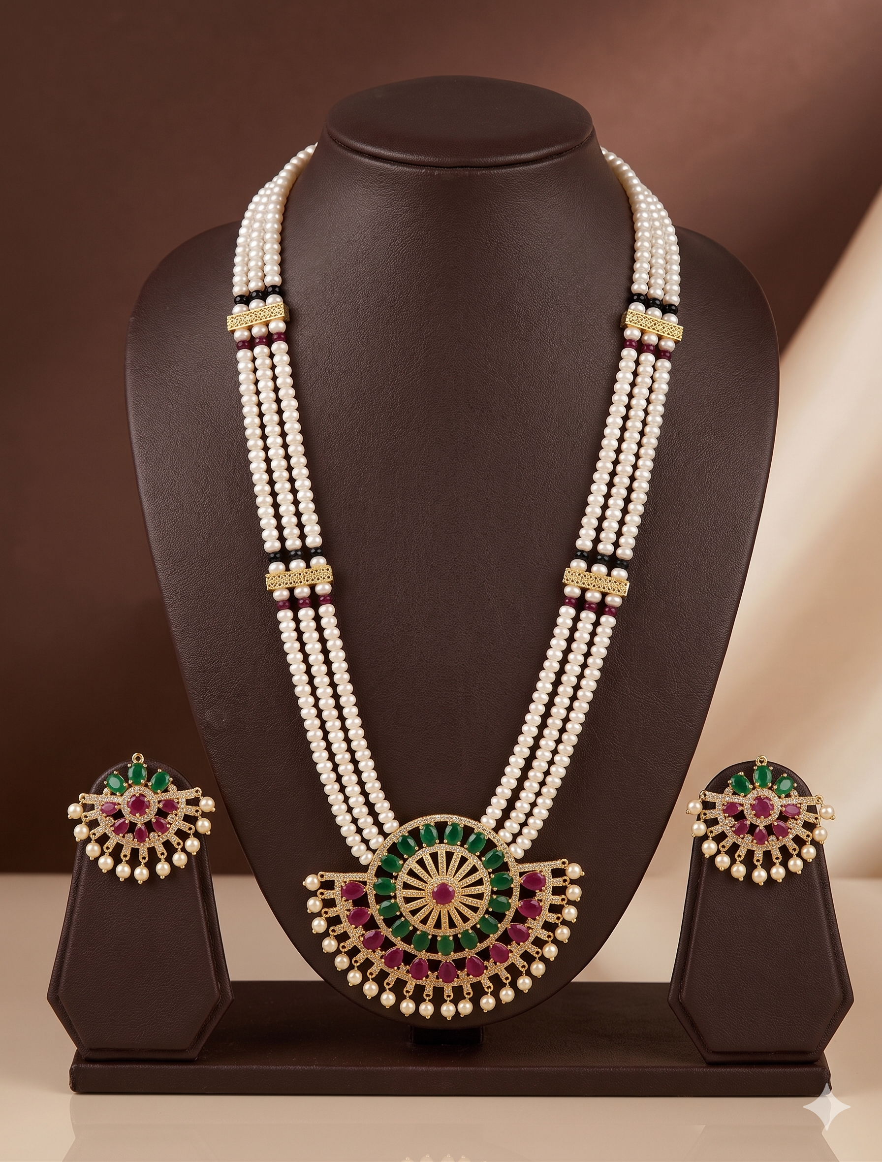 Red Green Stone Freshwater Pearl Rani Haar Necklace Set