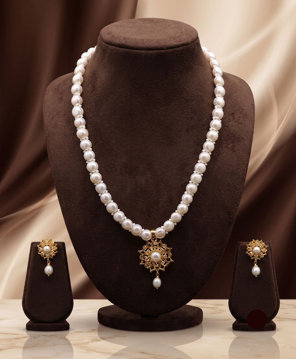Radiant Floral Starburst White Button Pearl Pendant Set