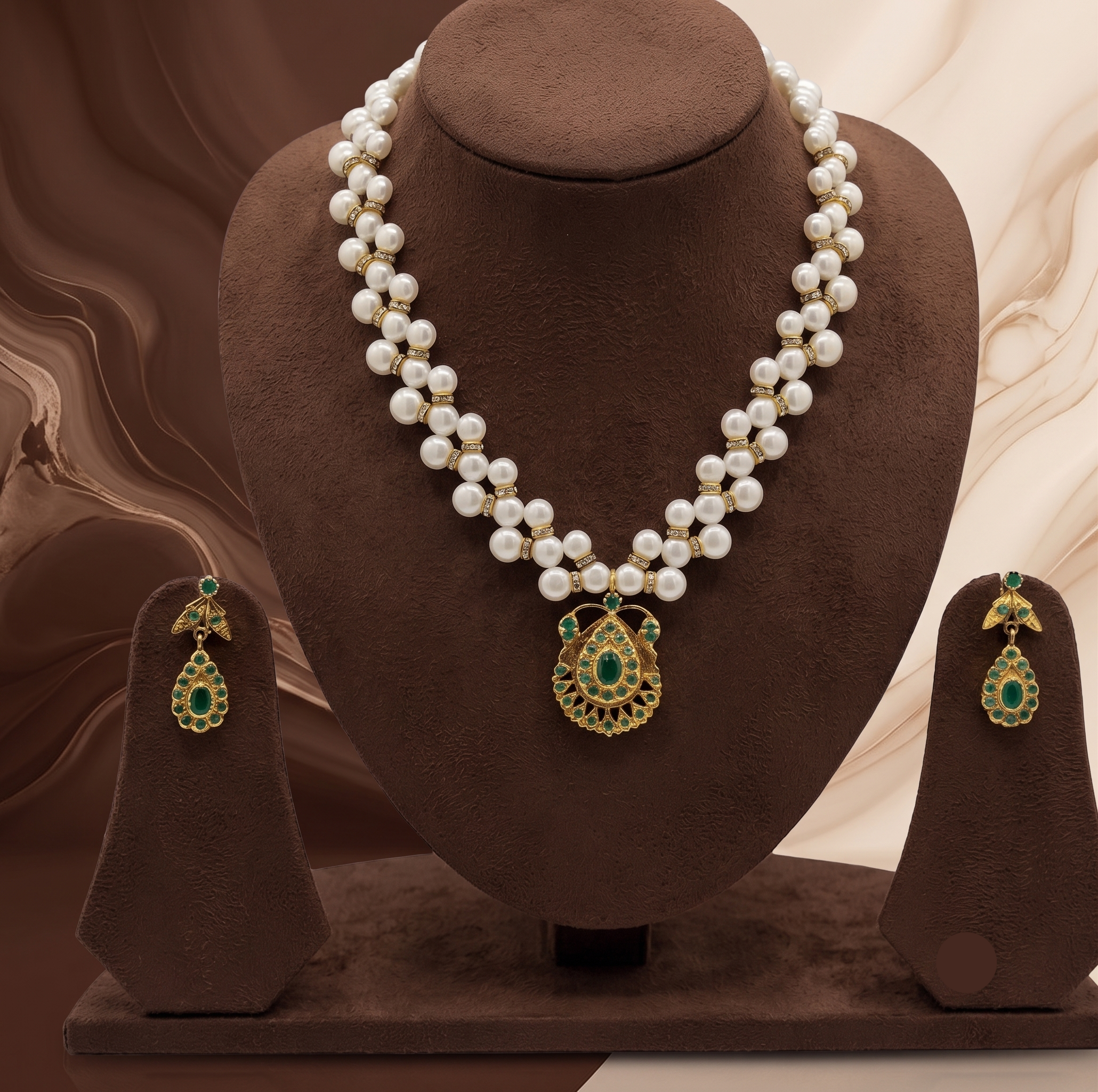 Golden Emerald Glow Pearl Pendant Set
