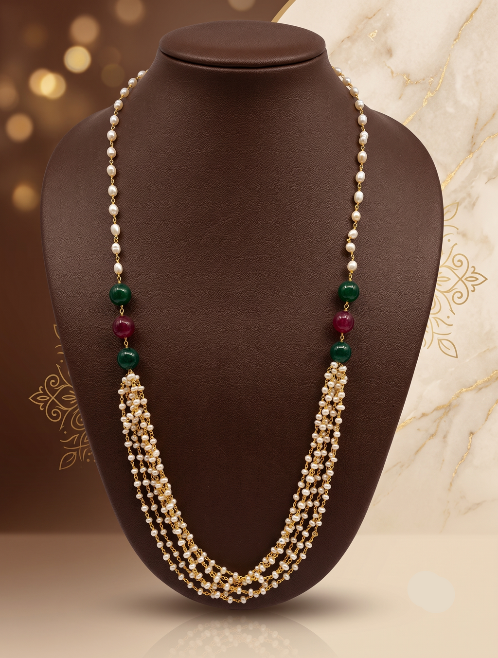 Heritage Ruby-Green Pearl Taar Mala – Multi-Strand Festive Classic